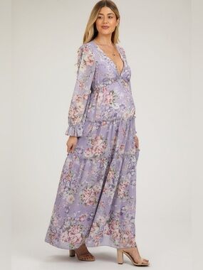 Lavender Floral Chiffon Deep V Ruffle Tiered Maternity Maxi Dress